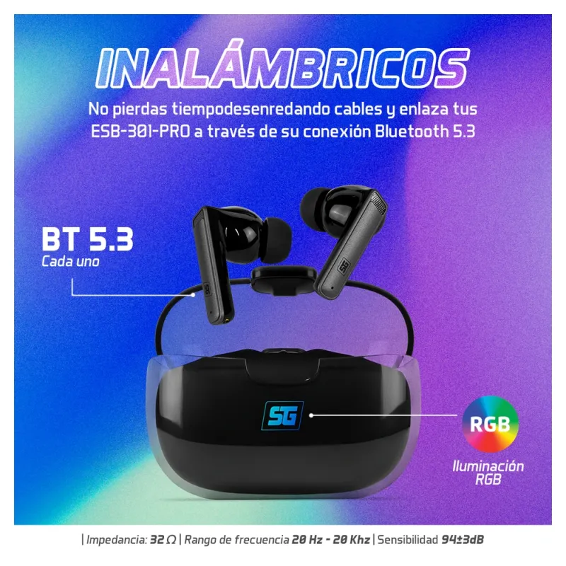 Auriculares Vorago EARPHONES TWS 301 PRO - Inalámbrico - Bluetooth - Micrófono - Negro - ESB-301-PRO