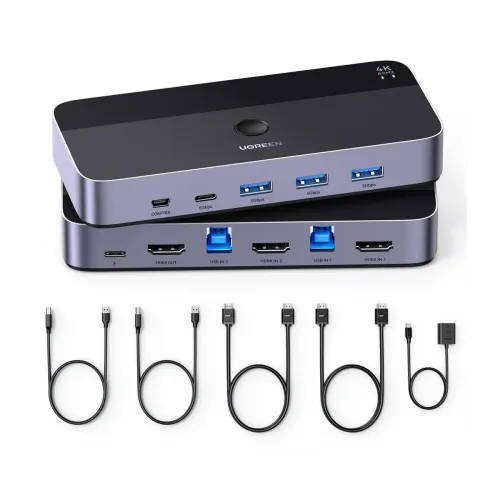Switch Kvm Ugreen, 3840X2160 Pixeles, 4K Ultra Hd, Hasta 2 Dispositivos, Negro, Gris
